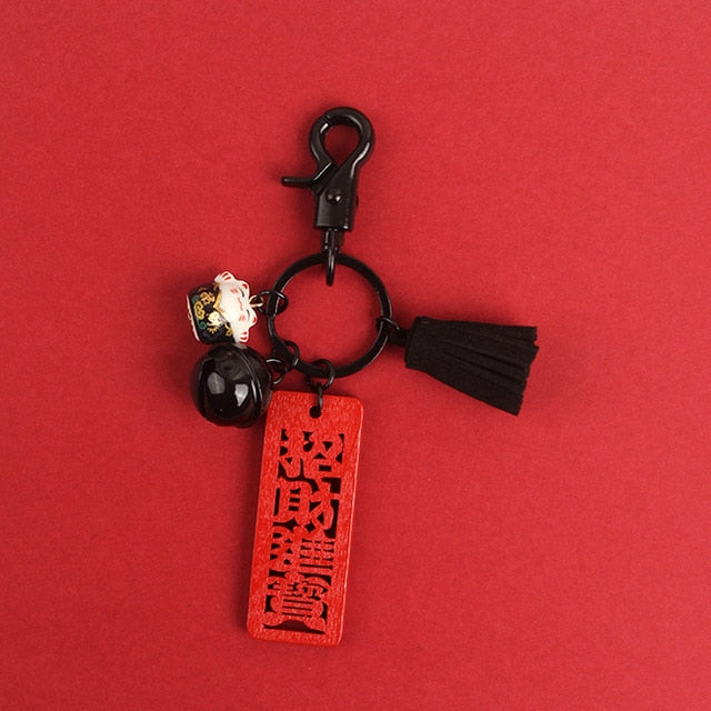 Red / Black Maneki Neko Key Rings With Lucky Charm
