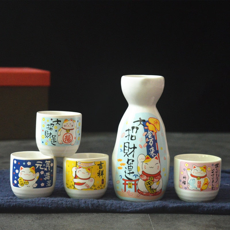 Japanese Mino Ware Sake Set - Lucky Cat Tokkuri Bottle & 2 Ochoko Cups, Made In Japan