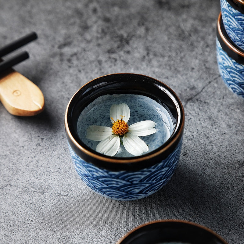 Blue Waves Japanese Sake Set (1 Flask & 4 Cups) Made In Ceramic