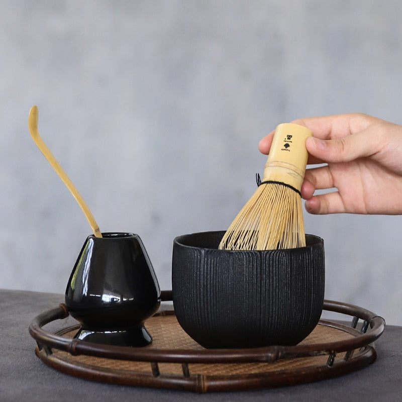 Sea Wave Ceramic Matcha Bowl With Bamboo Whisk and Chasen Holders 