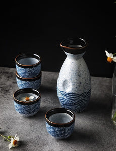 Blue Waves Japanese Sake Set (1 Flask & 4 Cups) Made In Ceramic